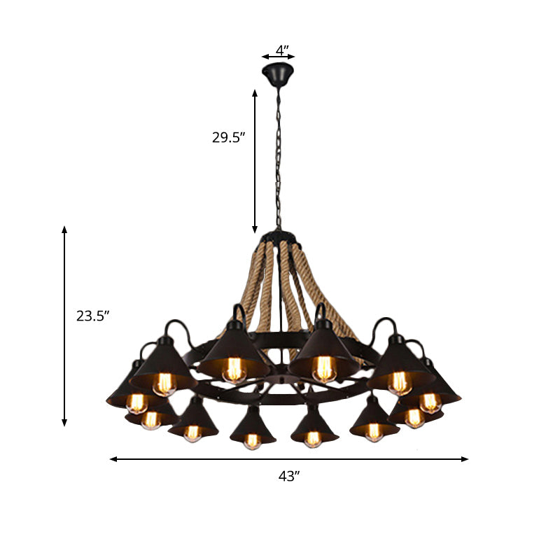 Metallic Cone Chandelier Lamp Farmhouse 6/8 Lights Restaurant Pendant Lighting with Rope Detail in Black Clearhalo 'Ceiling Lights' 'Chandeliers' 'Industrial Chandeliers' 'Industrial' 'Middle Century Chandeliers' 'Tiffany' Lighting' 180456