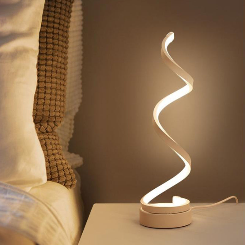 Spiral Ribbon Metal Table Lamp Simplicity Black/White/Gold LED Task Lighting with Circle Pedestal in Warm/White Light White Clearhalo 'Lamps' 'Table Lamps' Lighting' 1804584