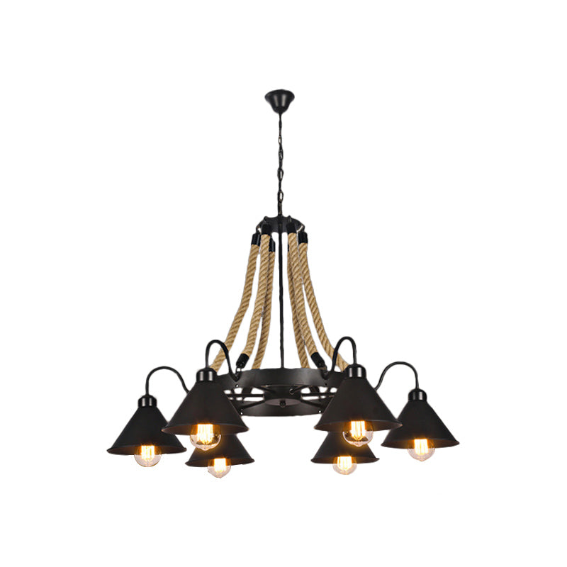 Metallic Cone Chandelier Lamp Farmhouse 6/8 Lights Restaurant Pendant Lighting with Rope Detail in Black Clearhalo 'Ceiling Lights' 'Chandeliers' 'Industrial Chandeliers' 'Industrial' 'Middle Century Chandeliers' 'Tiffany' Lighting' 180459