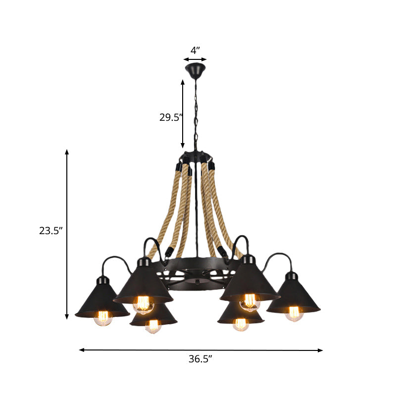 Metallic Cone Chandelier Lamp Farmhouse 6/8 Lights Restaurant Pendant Lighting with Rope Detail in Black Clearhalo 'Ceiling Lights' 'Chandeliers' 'Industrial Chandeliers' 'Industrial' 'Middle Century Chandeliers' 'Tiffany' Lighting' 180460