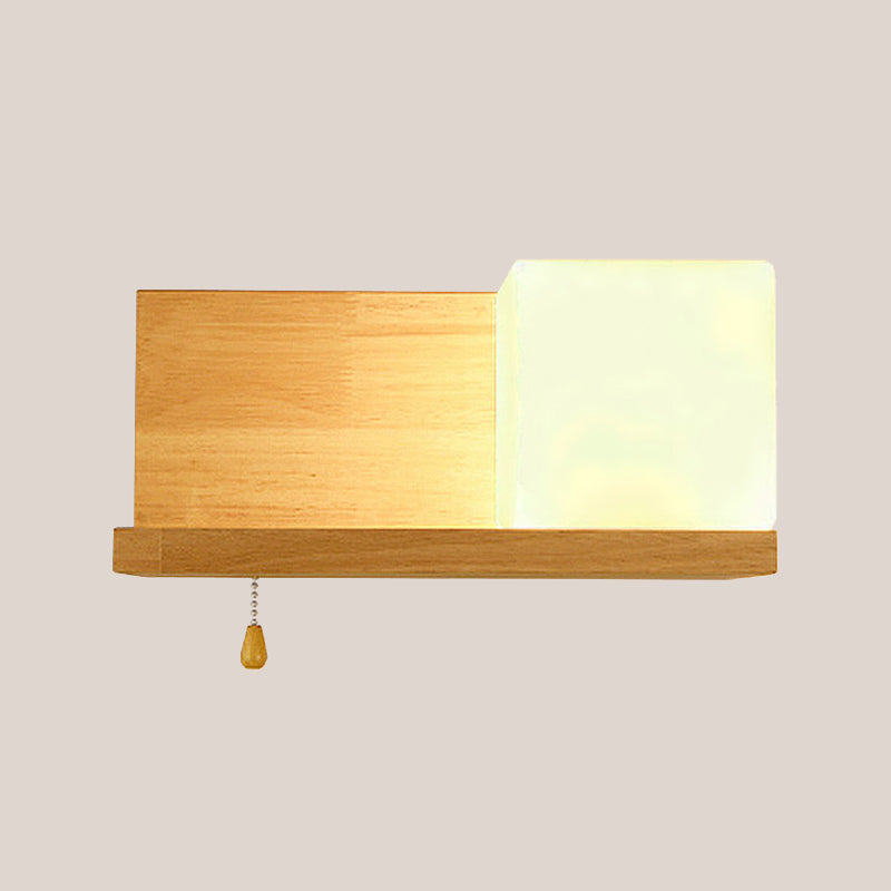 Simple Cubic Wall Sconce Light Opaque Glass 1 Bulb Living Room Wall Lamp with Oblong Wood Backplate in Beige Clearhalo 'Modern wall lights' 'Modern' 'Wall Lamps & Sconces' 'Wall Lights' Lighting' 1804622