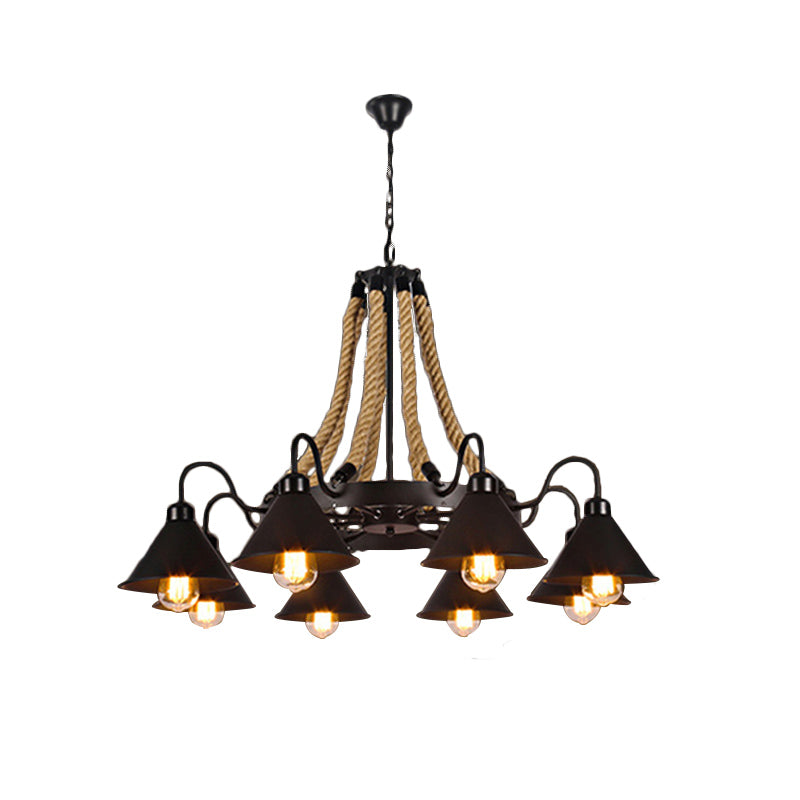 Metallic Cone Chandelier Lamp Farmhouse 6/8 Lights Restaurant Pendant Lighting with Rope Detail in Black Clearhalo 'Ceiling Lights' 'Chandeliers' 'Industrial Chandeliers' 'Industrial' 'Middle Century Chandeliers' 'Tiffany' Lighting' 180463