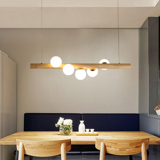 Stick Pendant Light Kit Modernism Wood 5 Heads Dining Room Island Lighting Ideas in Beige Beige Clearhalo 'Ceiling Lights' 'Island Lights' Lighting' 1804633