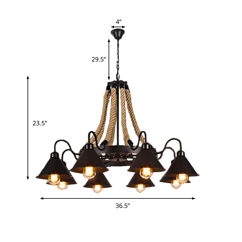 Metallic Cone Chandelier Lamp Farmhouse 6/8 Lights Restaurant Pendant Lighting with Rope Detail in Black Clearhalo 'Ceiling Lights' 'Chandeliers' 'Industrial Chandeliers' 'Industrial' 'Middle Century Chandeliers' 'Tiffany' Lighting' 180464