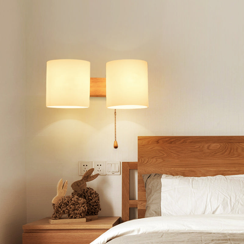 Opaline Glass Cylinder Wall Mount Lamp Modern 2 Lights Beige Wall Lighting Ideas with Pull Chain Beige Clearhalo 'Modern wall lights' 'Modern' 'Wall Lamps & Sconces' 'Wall Lights' Lighting' 1804651