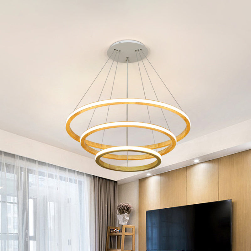 Wood Rings Hanging Chandelier Minimalism LED Ceiling Pendant Light in Beige, 21"/25" Width Clearhalo 'Carpenter Chandeliers' 'Ceiling Lights' 'Chandeliers' 'Industrial' 'Modern Chandeliers' 'Modern' Lighting' 1804661