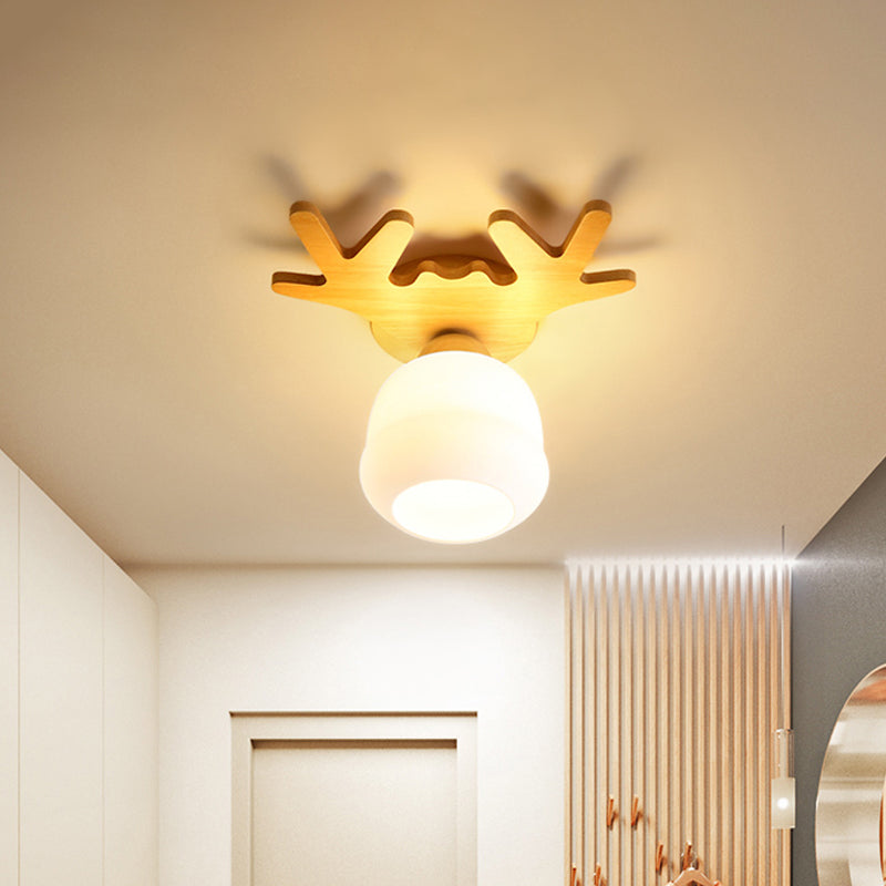 Opal Glass Head/Cubic/Globe Flushmount Simplicity LED Ceiling Fixture with Wood Antler/Square/Round Design in Beige Beige Antler Clearhalo 'Ceiling Lights' 'Close To Ceiling Lights' 'Close to ceiling' 'Flush mount' Lighting' 1804722