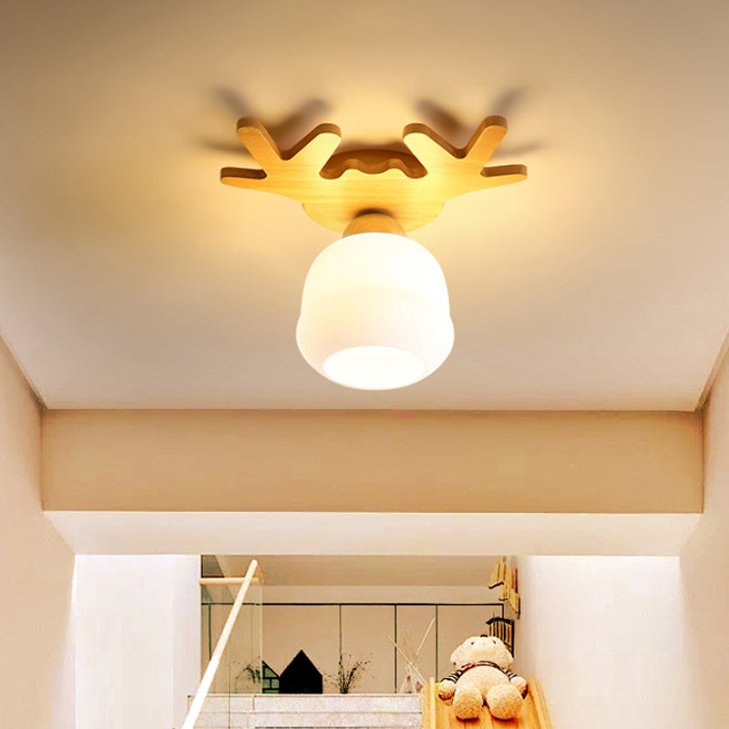 Opal Glass Head/Cubic/Globe Flushmount Simplicity LED Ceiling Fixture with Wood Antler/Square/Round Design in Beige Clearhalo 'Ceiling Lights' 'Close To Ceiling Lights' 'Close to ceiling' 'Flush mount' Lighting' 1804723