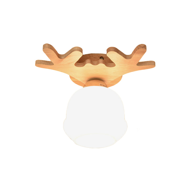 Opal Glass Head/Cubic/Globe Flushmount Simplicity LED Ceiling Fixture with Wood Antler/Square/Round Design in Beige Clearhalo 'Ceiling Lights' 'Close To Ceiling Lights' 'Close to ceiling' 'Flush mount' Lighting' 1804724