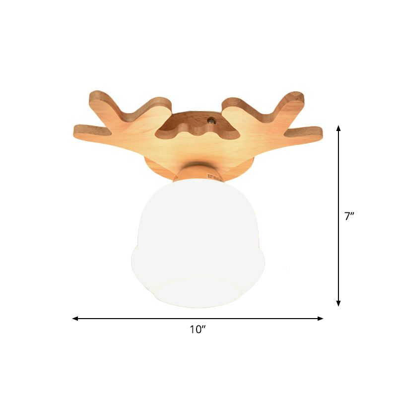 Opal Glass Head/Cubic/Globe Flushmount Simplicity LED Ceiling Fixture with Wood Antler/Square/Round Design in Beige Clearhalo 'Ceiling Lights' 'Close To Ceiling Lights' 'Close to ceiling' 'Flush mount' Lighting' 1804725