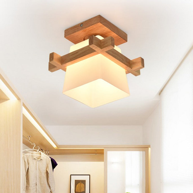 Opal Glass Head/Cubic/Globe Flushmount Simplicity LED Ceiling Fixture with Wood Antler/Square/Round Design in Beige Beige Square Clearhalo 'Ceiling Lights' 'Close To Ceiling Lights' 'Close to ceiling' 'Flush mount' Lighting' 1804726