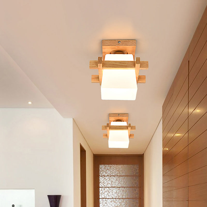 Opal Glass Head/Cubic/Globe Flushmount Simplicity LED Ceiling Fixture with Wood Antler/Square/Round Design in Beige Clearhalo 'Ceiling Lights' 'Close To Ceiling Lights' 'Close to ceiling' 'Flush mount' Lighting' 1804727
