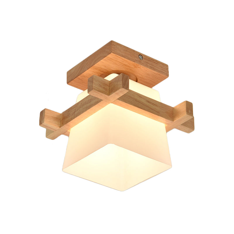 Opal Glass Head/Cubic/Globe Flushmount Simplicity LED Ceiling Fixture with Wood Antler/Square/Round Design in Beige Clearhalo 'Ceiling Lights' 'Close To Ceiling Lights' 'Close to ceiling' 'Flush mount' Lighting' 1804728