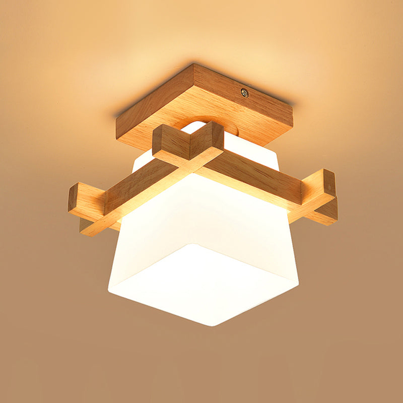 Opal Glass Head/Cubic/Globe Flushmount Simplicity LED Ceiling Fixture with Wood Antler/Square/Round Design in Beige Clearhalo 'Ceiling Lights' 'Close To Ceiling Lights' 'Close to ceiling' 'Flush mount' Lighting' 1804729