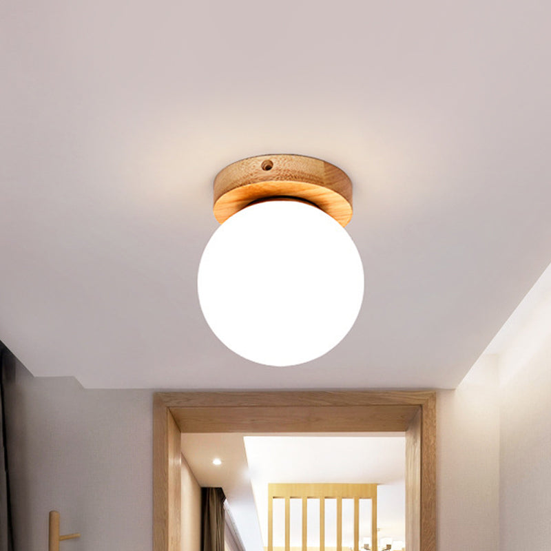 Opal Glass Head/Cubic/Globe Flushmount Simplicity LED Ceiling Fixture with Wood Antler/Square/Round Design in Beige Beige Round Clearhalo 'Ceiling Lights' 'Close To Ceiling Lights' 'Close to ceiling' 'Flush mount' Lighting' 1804731