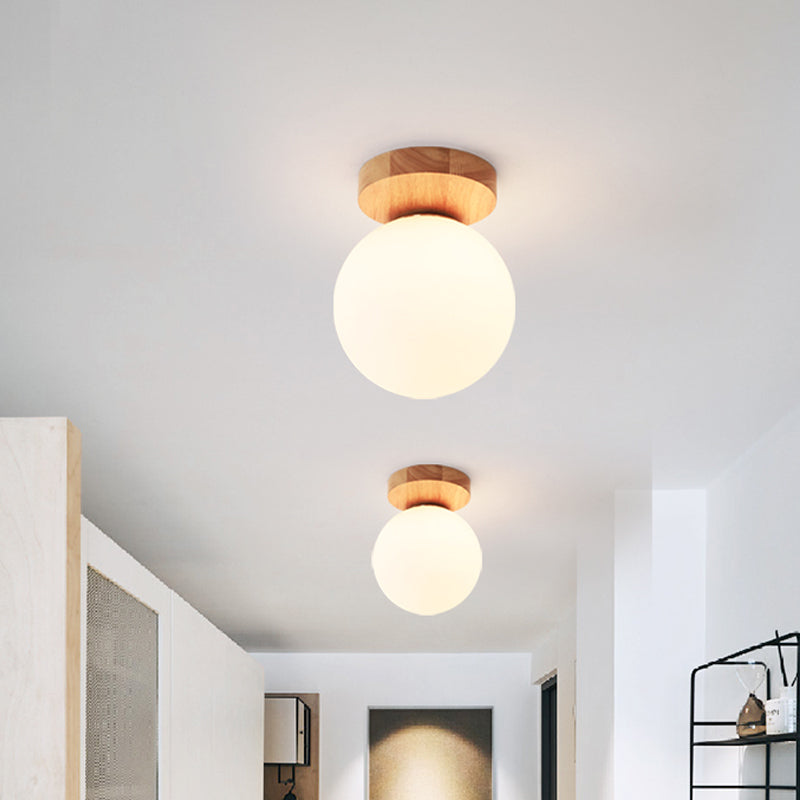 Opal Glass Head/Cubic/Globe Flushmount Simplicity LED Ceiling Fixture with Wood Antler/Square/Round Design in Beige Clearhalo 'Ceiling Lights' 'Close To Ceiling Lights' 'Close to ceiling' 'Flush mount' Lighting' 1804732