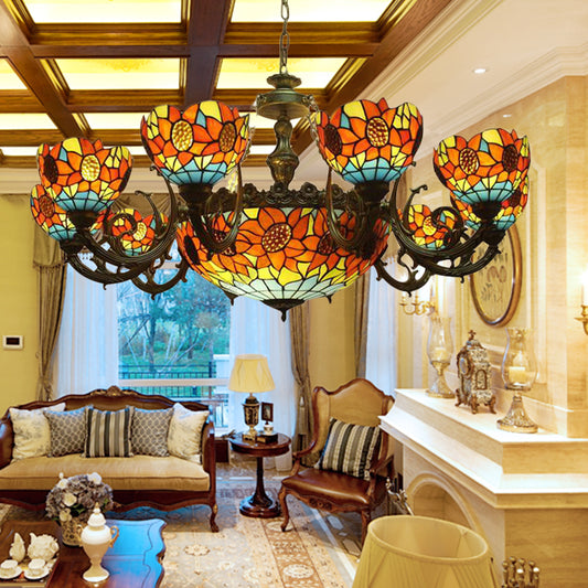 Lodge Sunflower Chandelier Light Stained Glass 9/11/15 Lights Pendant Light in Orange for Living Room 15 Orange Clearhalo 'Ceiling Lights' 'Chandeliers' 'Industrial' 'Middle Century Chandeliers' 'Tiffany Chandeliers' 'Tiffany close to ceiling' 'Tiffany' Lighting' 180481