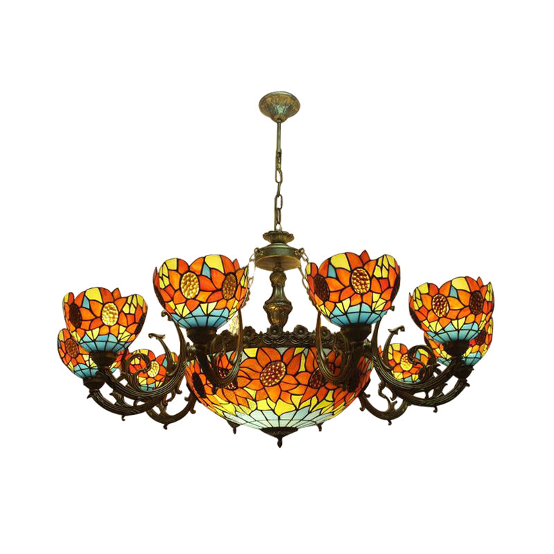 Lodge Sunflower Chandelier Light Stained Glass 9/11/15 Lights Pendant Light in Orange for Living Room Clearhalo 'Ceiling Lights' 'Chandeliers' 'Industrial' 'Middle Century Chandeliers' 'Tiffany Chandeliers' 'Tiffany close to ceiling' 'Tiffany' Lighting' 180482