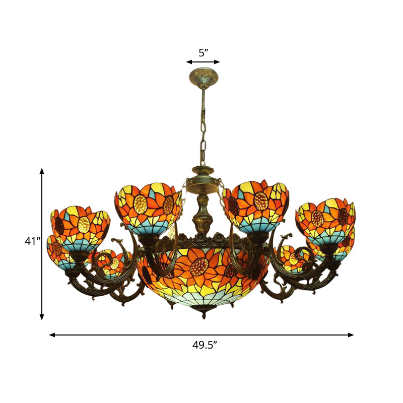 Lodge Sunflower Chandelier Light Stained Glass 9/11/15 Lights Pendant Light in Orange for Living Room Clearhalo 'Ceiling Lights' 'Chandeliers' 'Industrial' 'Middle Century Chandeliers' 'Tiffany Chandeliers' 'Tiffany close to ceiling' 'Tiffany' Lighting' 180483