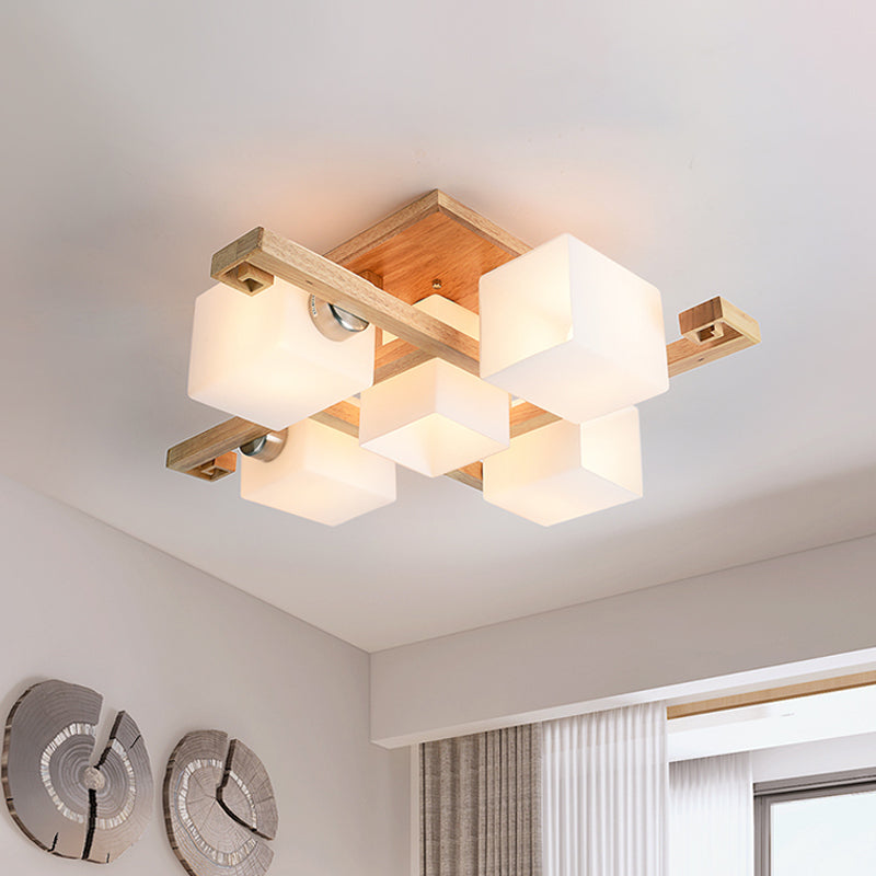 Modernism 4/5 Heads Ceiling Lighting Beige Cubic Semi Flush Mount Lamp with Opaline Glass Shade 5 Wood Clearhalo 'Ceiling Lights' 'Close To Ceiling Lights' 'Close to ceiling' 'Glass shade' 'Glass' 'Semi-flushmount' Lighting' 1804831