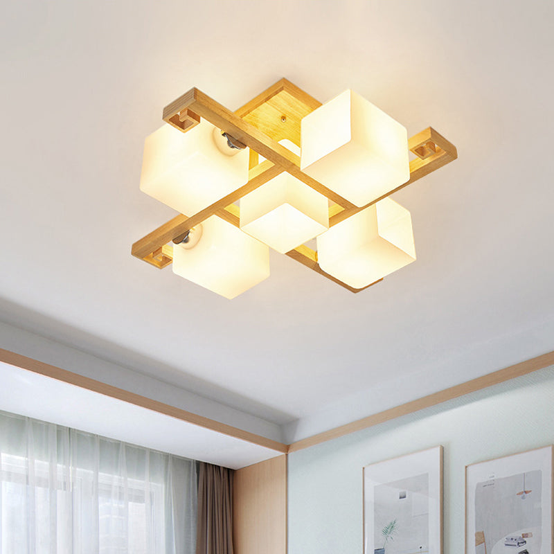 Modernism 4/5 Heads Ceiling Lighting Beige Cubic Semi Flush Mount Lamp with Opaline Glass Shade Clearhalo 'Ceiling Lights' 'Close To Ceiling Lights' 'Close to ceiling' 'Glass shade' 'Glass' 'Semi-flushmount' Lighting' 1804832