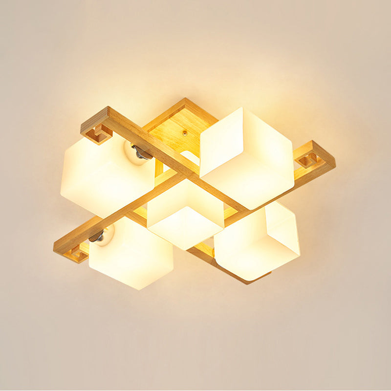 Modernism 4/5 Heads Ceiling Lighting Beige Cubic Semi Flush Mount Lamp with Opaline Glass Shade Clearhalo 'Ceiling Lights' 'Close To Ceiling Lights' 'Close to ceiling' 'Glass shade' 'Glass' 'Semi-flushmount' Lighting' 1804834
