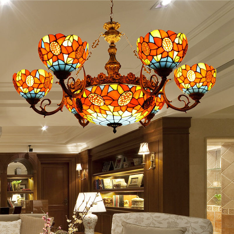 Lodge Sunflower Chandelier Light Stained Glass 9/11/15 Lights Pendant Light in Orange for Living Room Clearhalo 'Ceiling Lights' 'Chandeliers' 'Industrial' 'Middle Century Chandeliers' 'Tiffany Chandeliers' 'Tiffany close to ceiling' 'Tiffany' Lighting' 180485