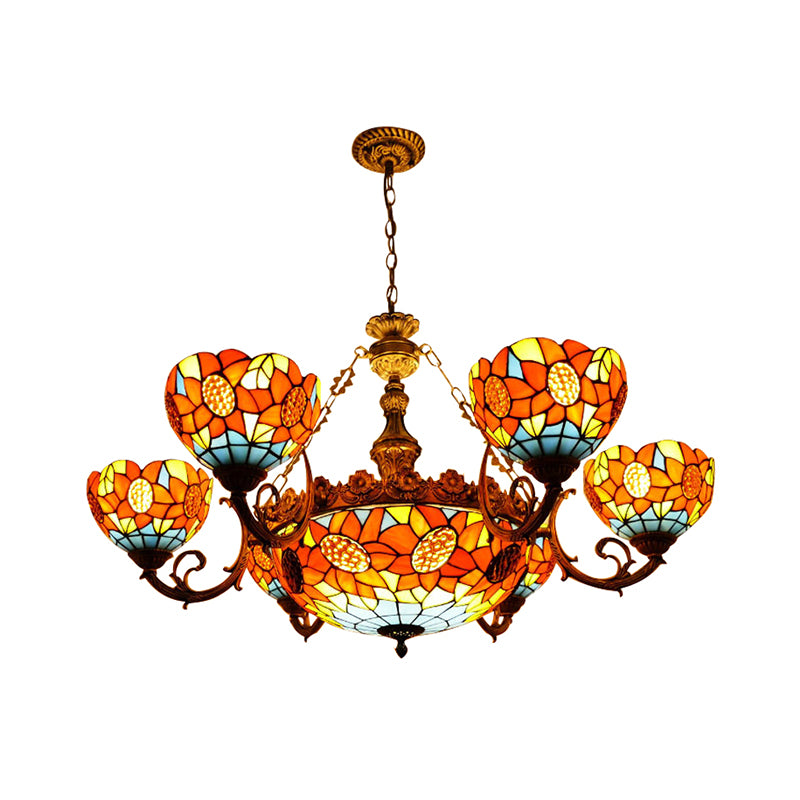 Lodge Sunflower Chandelier Light Stained Glass 9/11/15 Lights Pendant Light in Orange for Living Room Clearhalo 'Ceiling Lights' 'Chandeliers' 'Industrial' 'Middle Century Chandeliers' 'Tiffany Chandeliers' 'Tiffany close to ceiling' 'Tiffany' Lighting' 180486