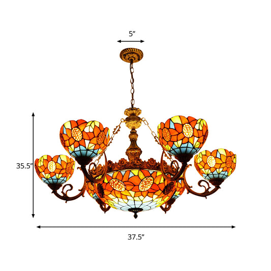 Lodge Sunflower Chandelier Light Stained Glass 9/11/15 Lights Pendant Light in Orange for Living Room Clearhalo 'Ceiling Lights' 'Chandeliers' 'Industrial' 'Middle Century Chandeliers' 'Tiffany Chandeliers' 'Tiffany close to ceiling' 'Tiffany' Lighting' 180487