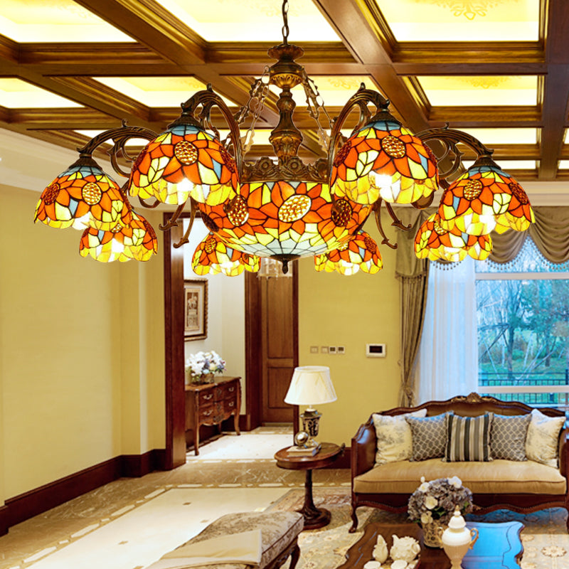 Lodge Sunflower Chandelier Light Stained Glass 9/11/15 Lights Pendant Light in Orange for Living Room Clearhalo 'Ceiling Lights' 'Chandeliers' 'Industrial' 'Middle Century Chandeliers' 'Tiffany Chandeliers' 'Tiffany close to ceiling' 'Tiffany' Lighting' 180489