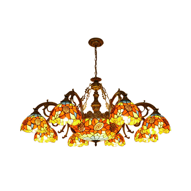Lodge Sunflower Chandelier Light Stained Glass 9/11/15 Lights Pendant Light in Orange for Living Room Clearhalo 'Ceiling Lights' 'Chandeliers' 'Industrial' 'Middle Century Chandeliers' 'Tiffany Chandeliers' 'Tiffany close to ceiling' 'Tiffany' Lighting' 180490