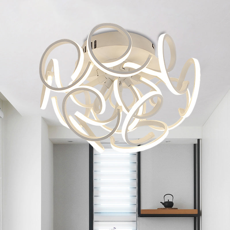 Twisted Strip Semi Flush Ceiling Light Modern Metal 9/12-Light White LED Flushmount in Warm/White/Natural Light 12 White Clearhalo 'Ceiling Lights' 'Close To Ceiling Lights' 'Close to ceiling' 'Semi-flushmount' Lighting' 1804904