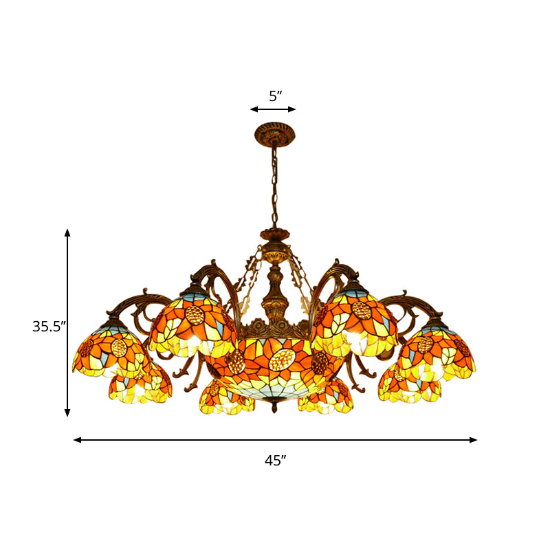 Lodge Sunflower Chandelier Light Stained Glass 9/11/15 Lights Pendant Light in Orange for Living Room Clearhalo 'Ceiling Lights' 'Chandeliers' 'Industrial' 'Middle Century Chandeliers' 'Tiffany Chandeliers' 'Tiffany close to ceiling' 'Tiffany' Lighting' 180491