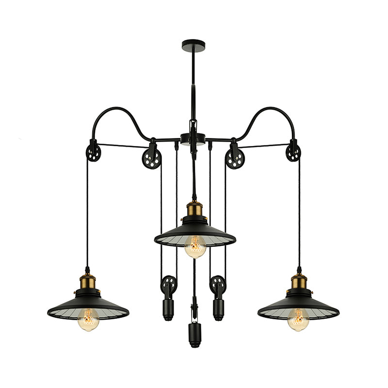 Black 3 Heads Pendant Light Industrial Metallic Flared Chandelier Lamp with Pulley and Cord for Living Room Clearhalo 'Cast Iron' 'Ceiling Lights' 'Chandeliers' 'Industrial Chandeliers' 'Industrial' 'Metal' 'Middle Century Chandeliers' 'Rustic Chandeliers' 'Tiffany' Lighting' 180494