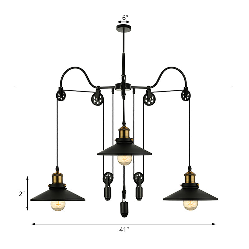 Black 3 Heads Pendant Light Industrial Metallic Flared Chandelier Lamp with Pulley and Cord for Living Room Clearhalo 'Cast Iron' 'Ceiling Lights' 'Chandeliers' 'Industrial Chandeliers' 'Industrial' 'Metal' 'Middle Century Chandeliers' 'Rustic Chandeliers' 'Tiffany' Lighting' 180495