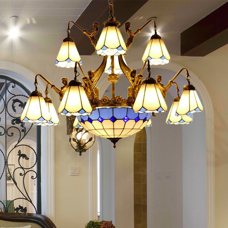 15 Lights Hanging Chandelier Tiffany Cone Stained Glass Pendant Light Fixture in White/Blue White Clearhalo 'Ceiling Lights' 'Chandeliers' 'Industrial' 'Middle Century Chandeliers' 'Tiffany Chandeliers' 'Tiffany close to ceiling' 'Tiffany' Lighting' 180496