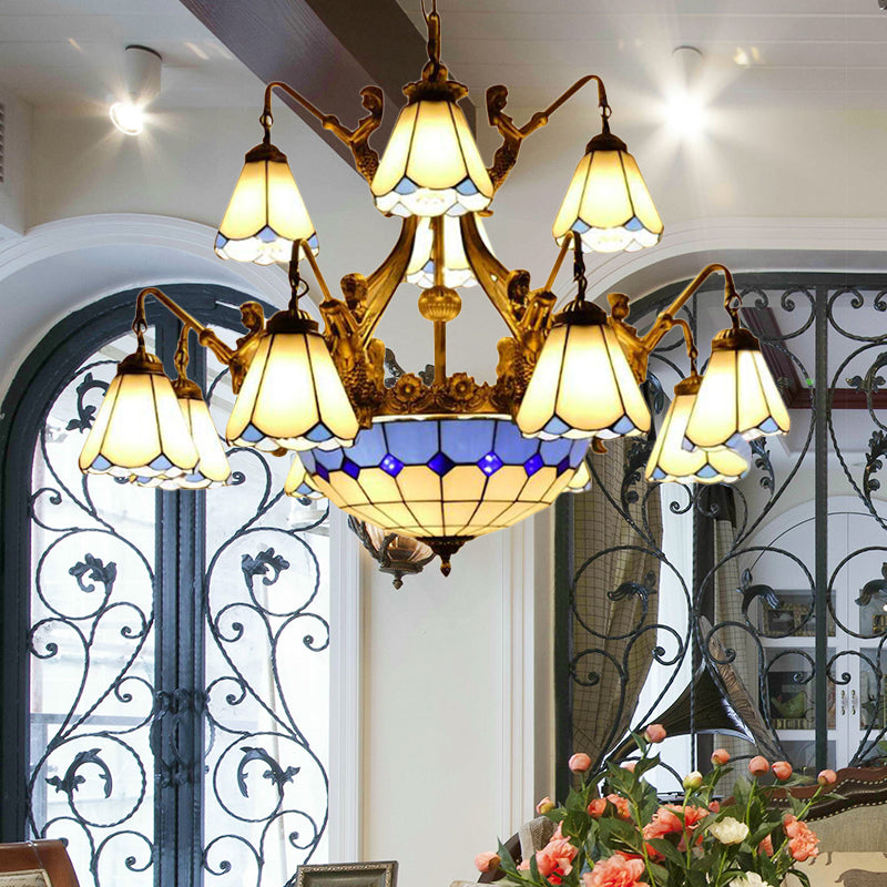 15 Lights Hanging Chandelier Tiffany Cone Stained Glass Pendant Light Fixture in White/Blue Clearhalo 'Ceiling Lights' 'Chandeliers' 'Industrial' 'Middle Century Chandeliers' 'Tiffany Chandeliers' 'Tiffany close to ceiling' 'Tiffany' Lighting' 180497