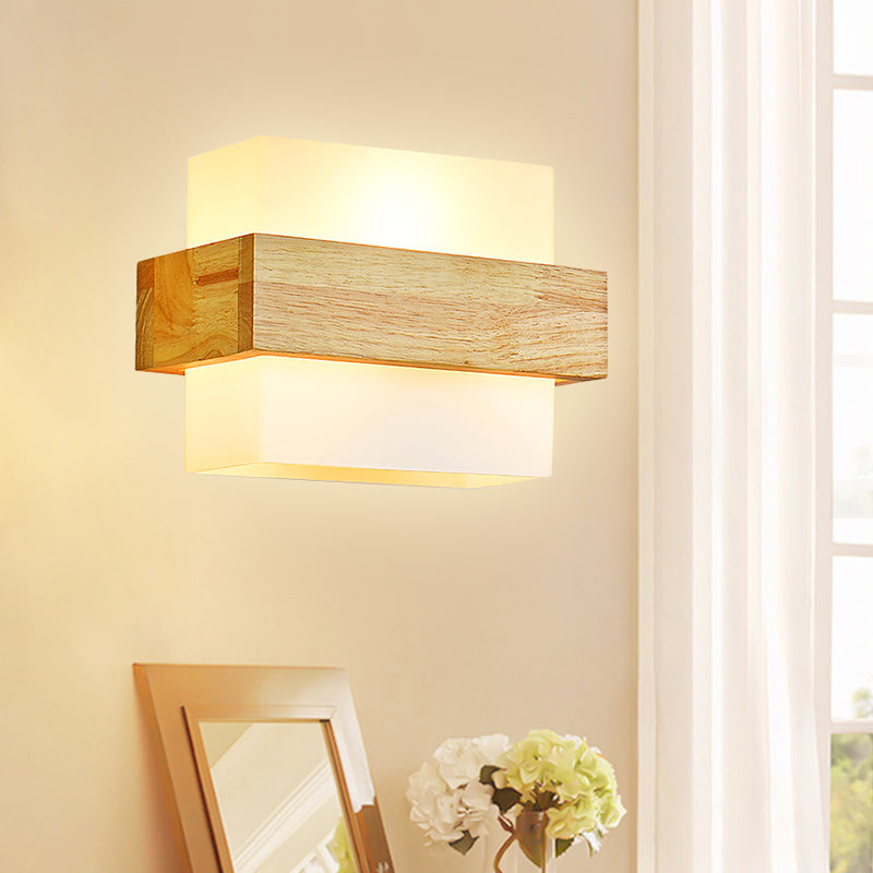 Cube Wall Mount Light Fixture Minimalism Opal Glass 1 Head Beige Surface Wall Sconce with Wood Detail Beige A Clearhalo 'Modern wall lights' 'Modern' 'Wall Lamps & Sconces' 'Wall Lights' Lighting' 1804973