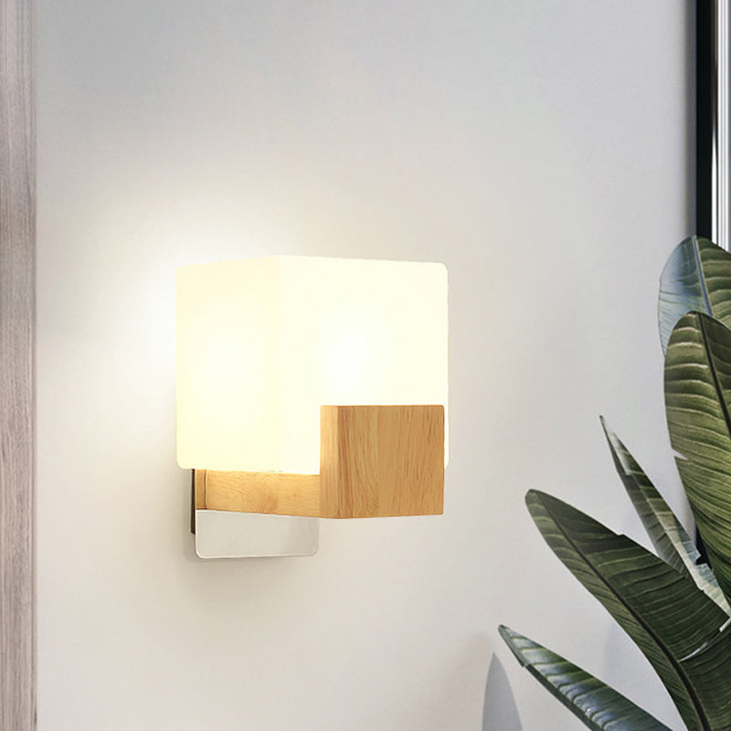 Cube Wall Mount Light Fixture Minimalism Opal Glass 1 Head Beige Surface Wall Sconce with Wood Detail Beige B Clearhalo 'Modern wall lights' 'Modern' 'Wall Lamps & Sconces' 'Wall Lights' Lighting' 1804977