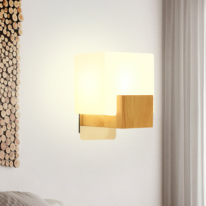 Cube Wall Mount Light Fixture Minimalism Opal Glass 1 Head Beige Surface Wall Sconce with Wood Detail Clearhalo 'Modern wall lights' 'Modern' 'Wall Lamps & Sconces' 'Wall Lights' Lighting' 1804978