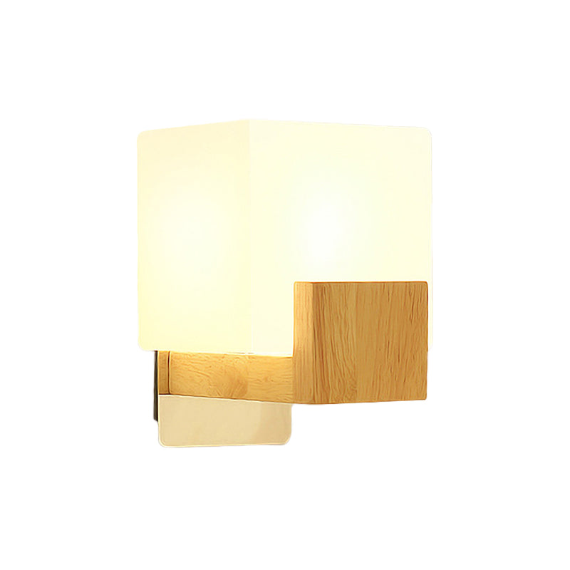 Cube Wall Mount Light Fixture Minimalism Opal Glass 1 Head Beige Surface Wall Sconce with Wood Detail Clearhalo 'Modern wall lights' 'Modern' 'Wall Lamps & Sconces' 'Wall Lights' Lighting' 1804979