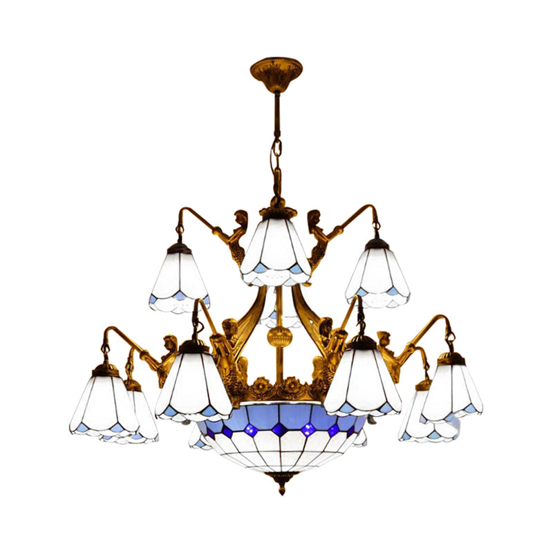 15 Lights Hanging Chandelier Tiffany Cone Stained Glass Pendant Light Fixture in White/Blue Clearhalo 'Ceiling Lights' 'Chandeliers' 'Industrial' 'Middle Century Chandeliers' 'Tiffany Chandeliers' 'Tiffany close to ceiling' 'Tiffany' Lighting' 180498