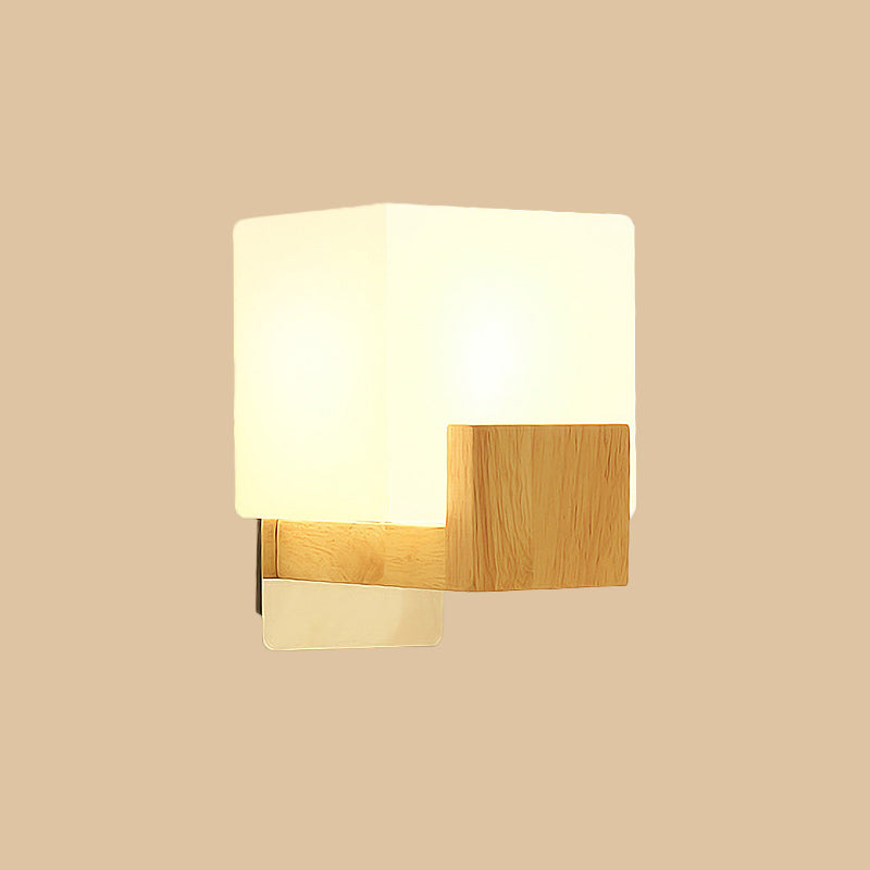 Cube Wall Mount Light Fixture Minimalism Opal Glass 1 Head Beige Surface Wall Sconce with Wood Detail Clearhalo 'Modern wall lights' 'Modern' 'Wall Lamps & Sconces' 'Wall Lights' Lighting' 1804980