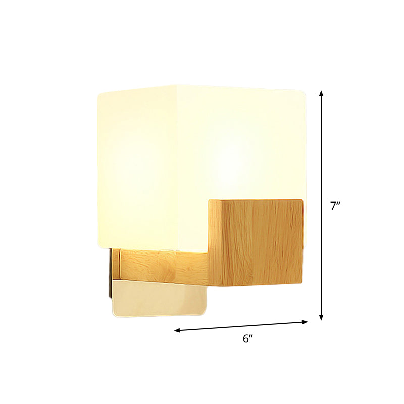Cube Wall Mount Light Fixture Minimalism Opal Glass 1 Head Beige Surface Wall Sconce with Wood Detail Clearhalo 'Modern wall lights' 'Modern' 'Wall Lamps & Sconces' 'Wall Lights' Lighting' 1804981