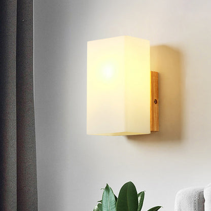 Cube Wall Mount Light Fixture Minimalism Opal Glass 1 Head Beige Surface Wall Sconce with Wood Detail Beige C Clearhalo 'Modern wall lights' 'Modern' 'Wall Lamps & Sconces' 'Wall Lights' Lighting' 1804982