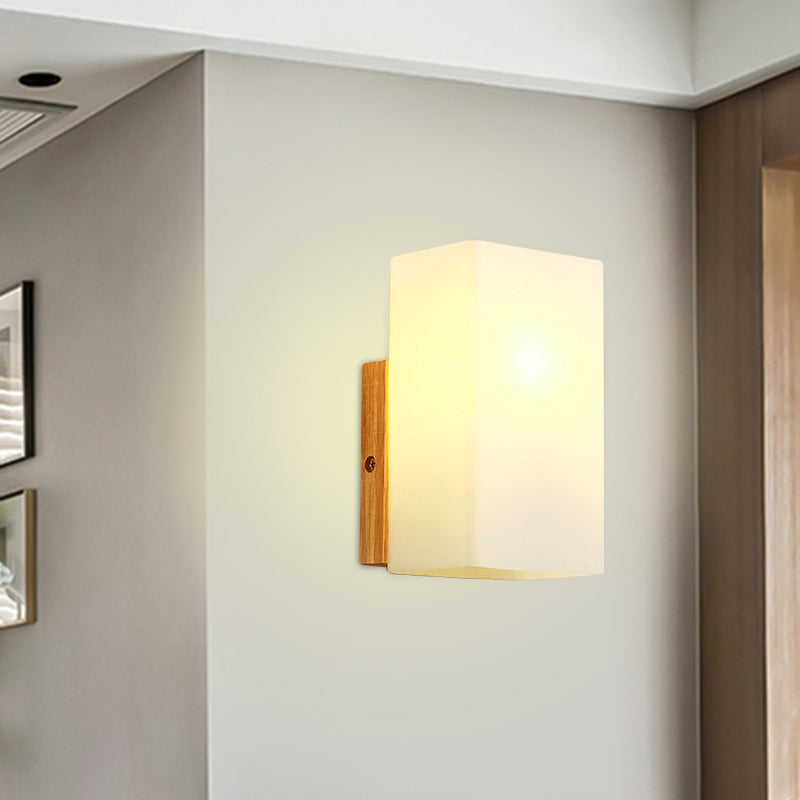 Cube Wall Mount Light Fixture Minimalism Opal Glass 1 Head Beige Surface Wall Sconce with Wood Detail Clearhalo 'Modern wall lights' 'Modern' 'Wall Lamps & Sconces' 'Wall Lights' Lighting' 1804983