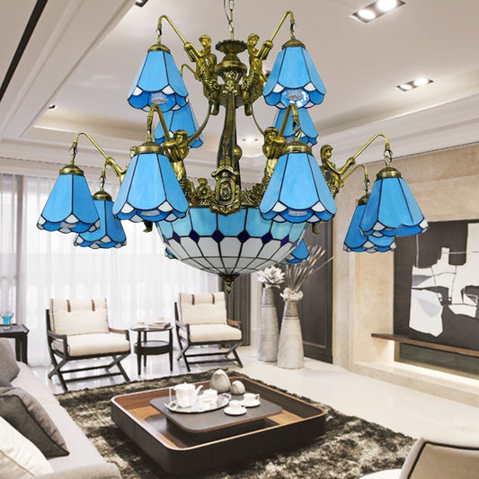 15 Lights Hanging Chandelier Tiffany Cone Stained Glass Pendant Light Fixture in White/Blue Blue Clearhalo 'Ceiling Lights' 'Chandeliers' 'Industrial' 'Middle Century Chandeliers' 'Tiffany Chandeliers' 'Tiffany close to ceiling' 'Tiffany' Lighting' 180500
