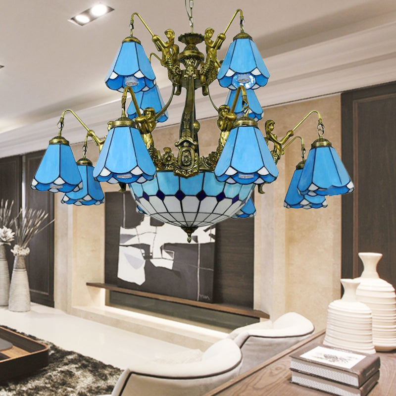 15 Lights Hanging Chandelier Tiffany Cone Stained Glass Pendant Light Fixture in White/Blue Clearhalo 'Ceiling Lights' 'Chandeliers' 'Industrial' 'Middle Century Chandeliers' 'Tiffany Chandeliers' 'Tiffany close to ceiling' 'Tiffany' Lighting' 180501