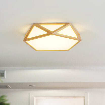 Pentagon Parlor Ceiling Fixture Acrylic 16.5"/20.5"/24.5" W LED Minimalist Flush Lamp with Wood Frame in Beige, Warm/White Light Beige Clearhalo 'Ceiling Lights' 'Close To Ceiling Lights' 'Close to ceiling' 'Flush mount' Lighting' 1805014