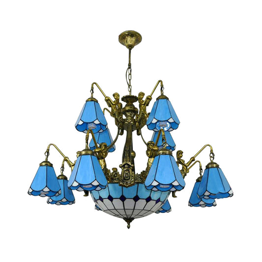 15 Lights Hanging Chandelier Tiffany Cone Stained Glass Pendant Light Fixture in White/Blue Clearhalo 'Ceiling Lights' 'Chandeliers' 'Industrial' 'Middle Century Chandeliers' 'Tiffany Chandeliers' 'Tiffany close to ceiling' 'Tiffany' Lighting' 180502